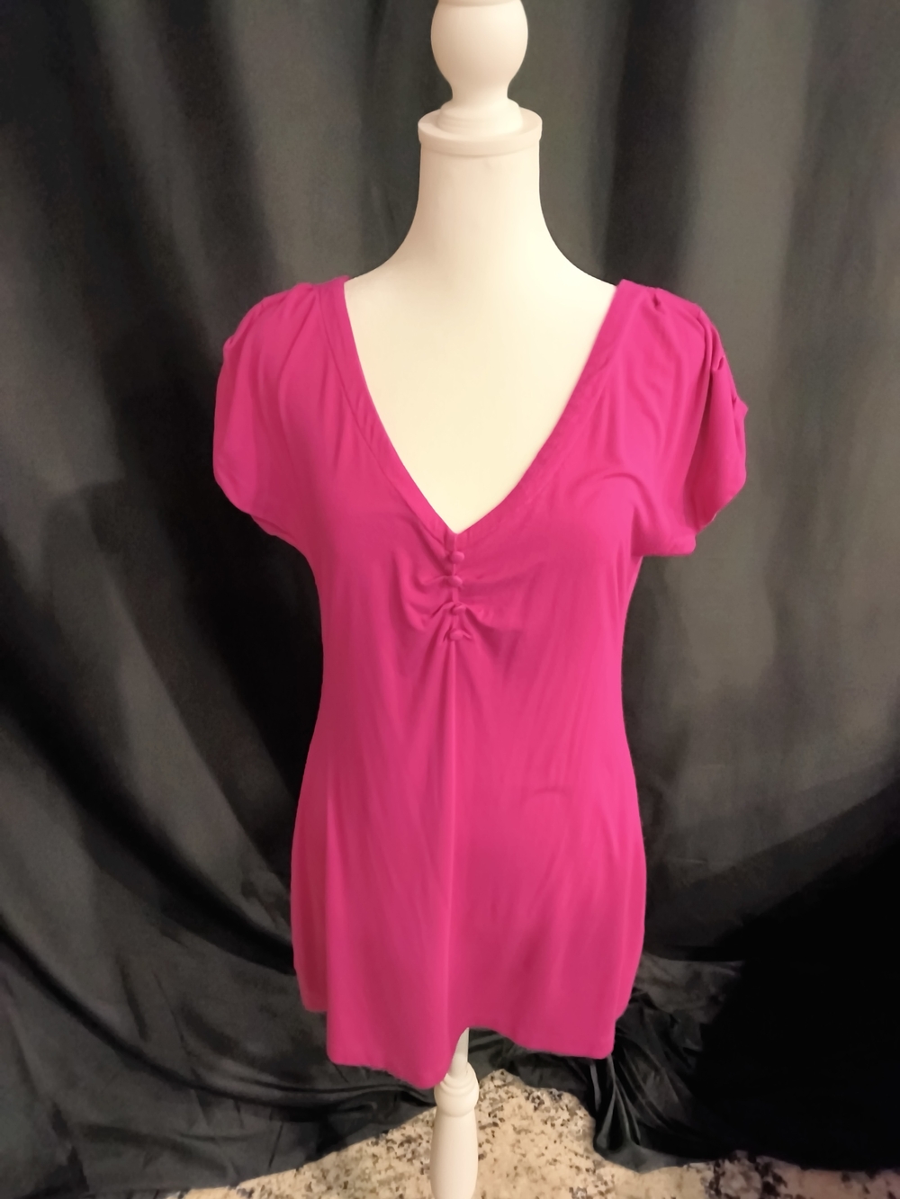 GNW V-Neck Gathered Front Short Sleeve Tunic - Magenta
